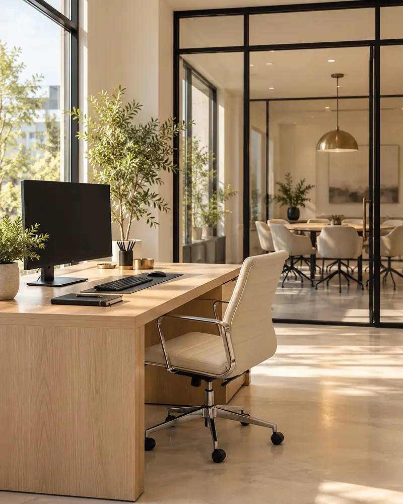 Bureau lumineux avec mobilier en bois clair et salle de réunion vitrée.
